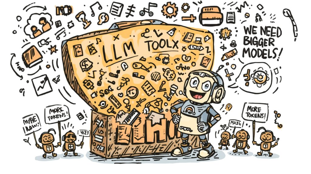A whimsical doodle-style illustration of a cheerful robot opening an oversized, glowing ‘LLM Toolbox’ overflowing with doodle icons—books, code snippets, gears, math symbols, and speech bubbles. The robot looks amazed, with wide doodle eyes and a comic ‘mind-blown’ expression. Around it, tiny doodle characters hold signs that say things like ‘More Tokens!’ and ‘We Need Bigger Models!’ The whole scene is sketchy, playful, hand-drawn, and humorously chaotic, capturing the excitement of unlocking the power of large language models.